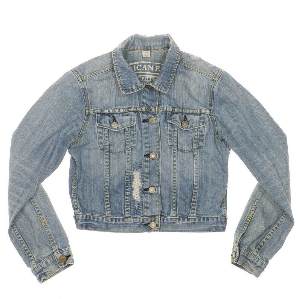 American Eagle Denim Jacket Youth Size M Blue Jean Unisex Distressed Cotton